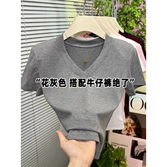 Vネック上着と肩付きの短いtシャツ女性夏の新型シンプルな基礎モデル