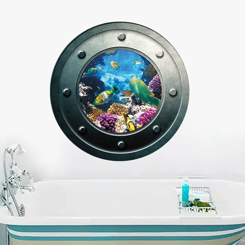 Имитация люка подводные животные коралловые рыбки корабль окно гостиная спальня коридор ванная комната стиральная машина мебель стикер на стену