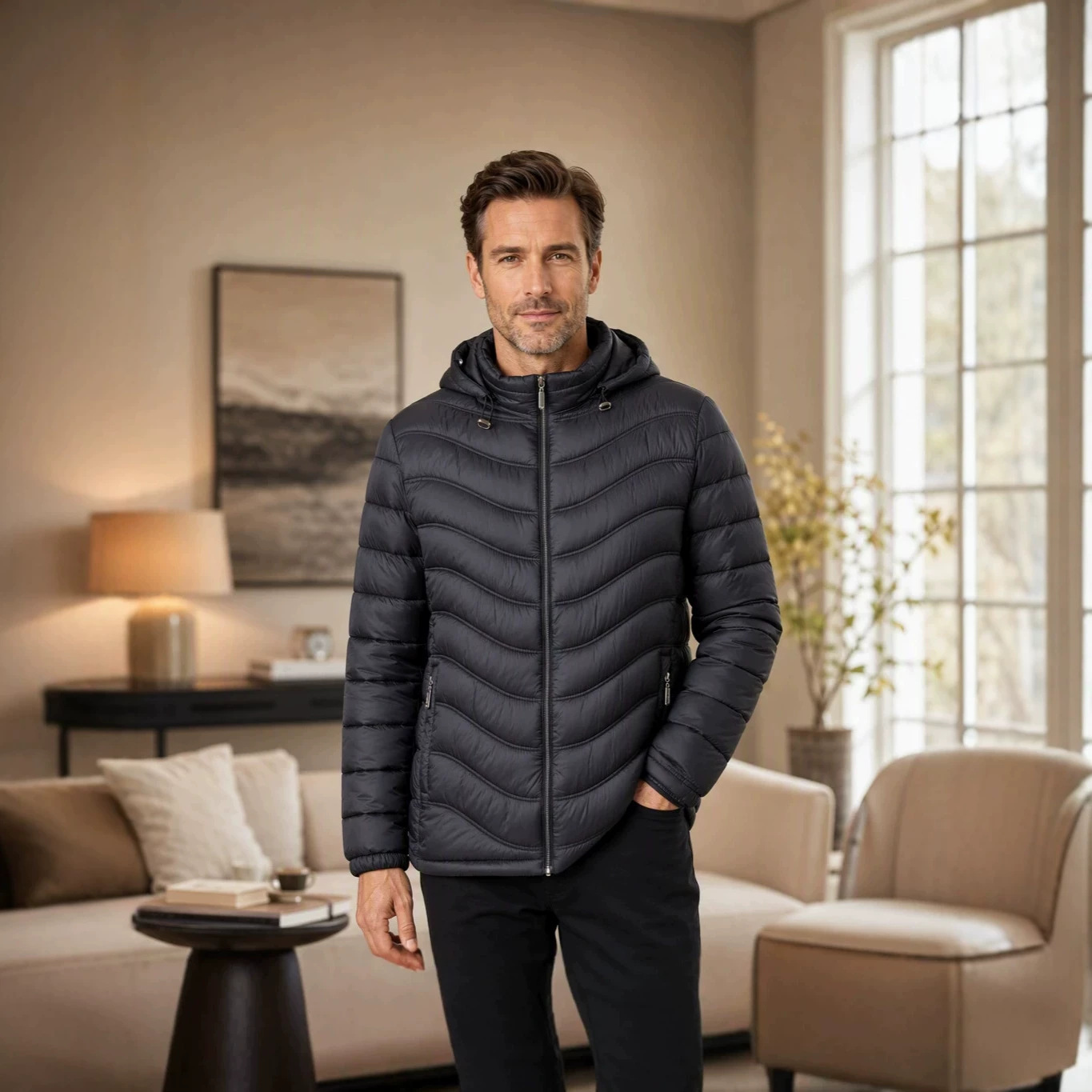 New cross-border men's diamond pattern ribbed cotton-padded jacket with hood, sports cotton-padded coat, foreign trade casual sports winter warm coat