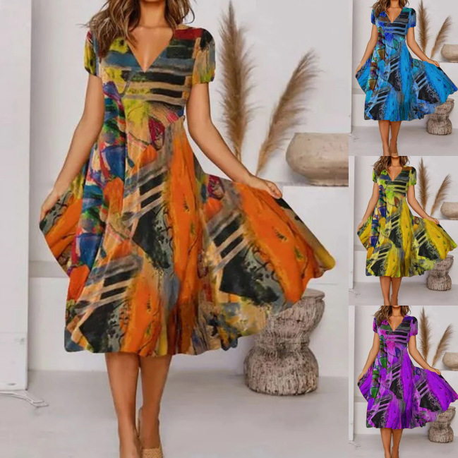 2022 Summer European and American Cross-border Long Dress Amazon wish Casual V-neck Bohemian Short-sleeved Dress