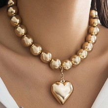 欧美跨境饰品夸张圆珠串珠桃心吊坠项链女夸张朋克个性锁骨链项饰