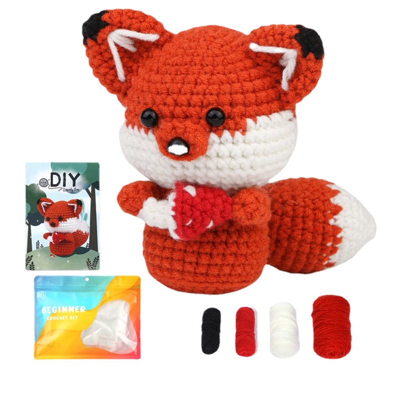 Unisex same style handmade DIY crochet wool knitted red fox doll material package_voghion.com