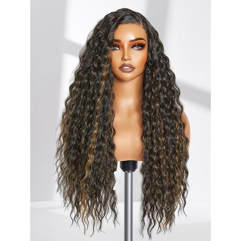 Hand-Woven Black Long Curly Hair, Ocean Wave Lace Front Wig, Synthetic Natural Black Long Wig