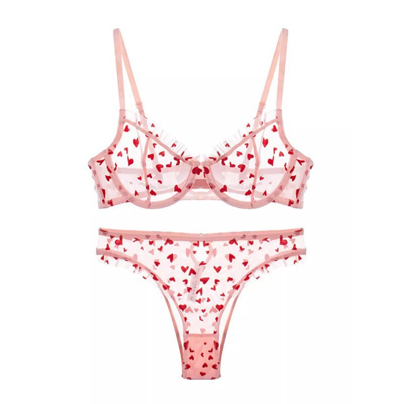 Set intimo da donna sexy stampato a forma di cuore in pizzo ultrasottile con petto ampio e reggiseno piccolo in estate_voghion.com