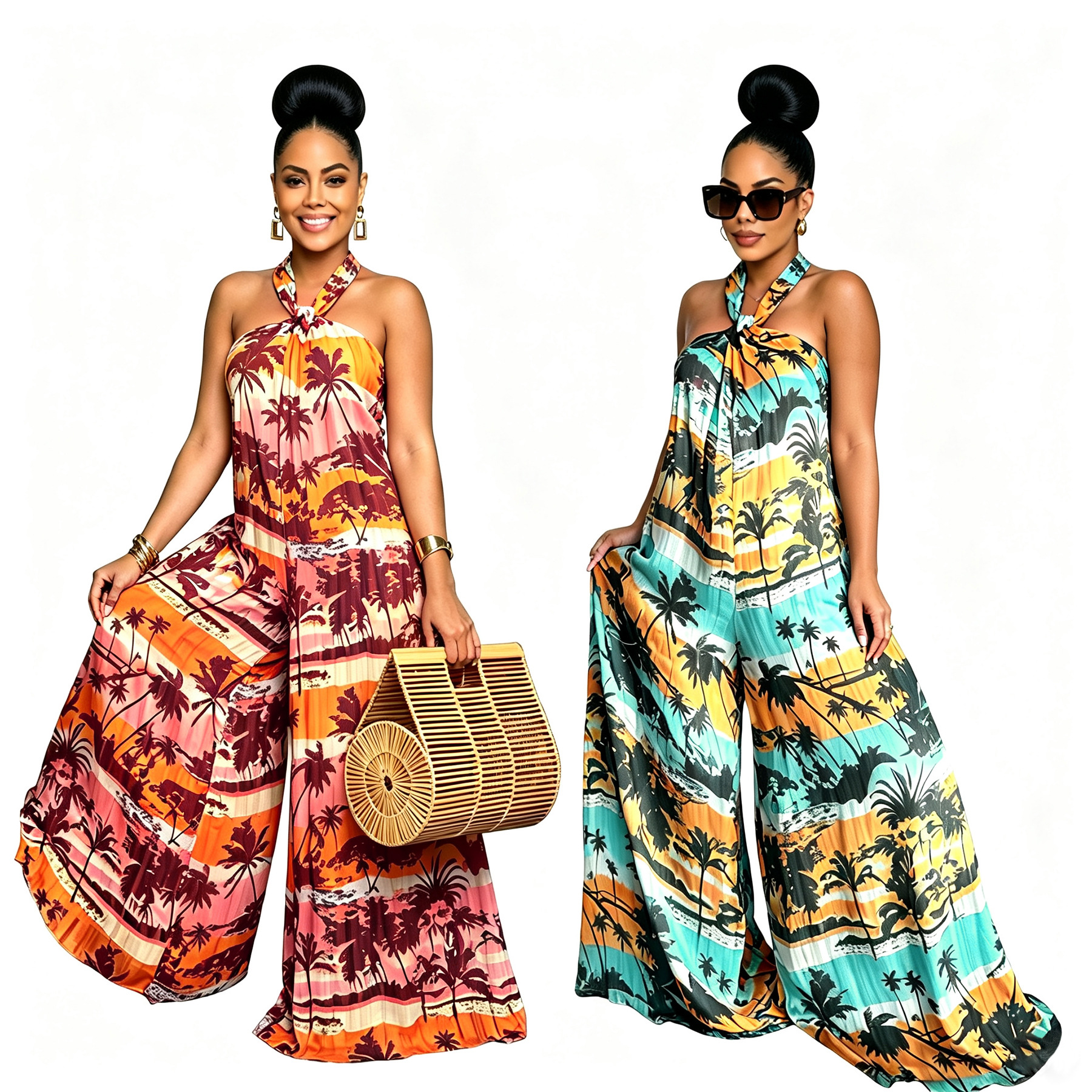 HDK10748 Factory direct sales of European and American style women's jumpsuits with halter neck, backless design, loose and casual style, in stock.