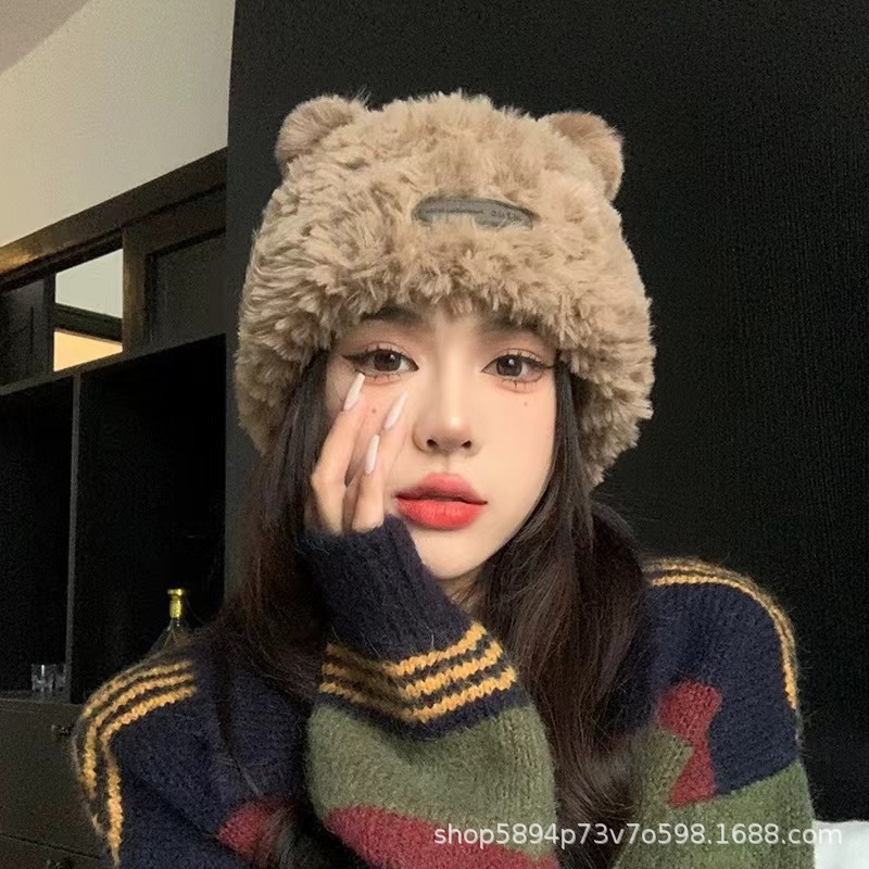 ニット帽クマぬいぐるみ女性の秋と冬暖かい模造毛皮プルオーバーウール帽子顔が小さく見える甘くてかわいい盆地帽子|undefined