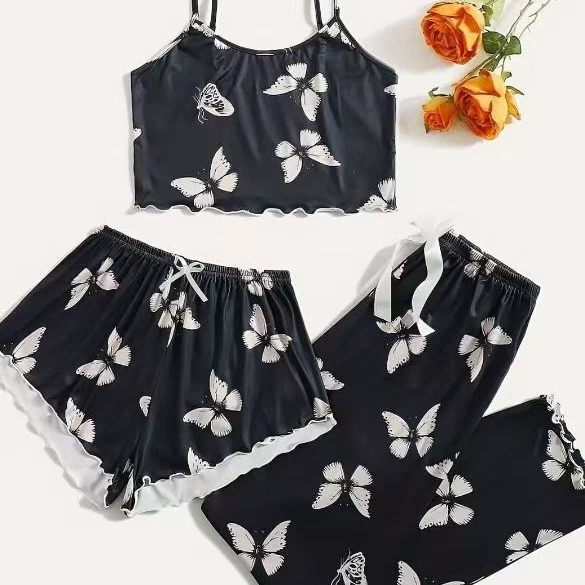 2025 летняя женская пижама набор подтяжки для дома милые шорты с принтом бант три комплекта