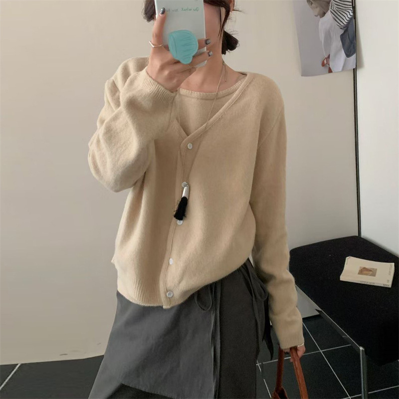 纯色高级感纯欲风假两件针织开衫秋冬新款软糯长袖短款毛衣外套女|undefined