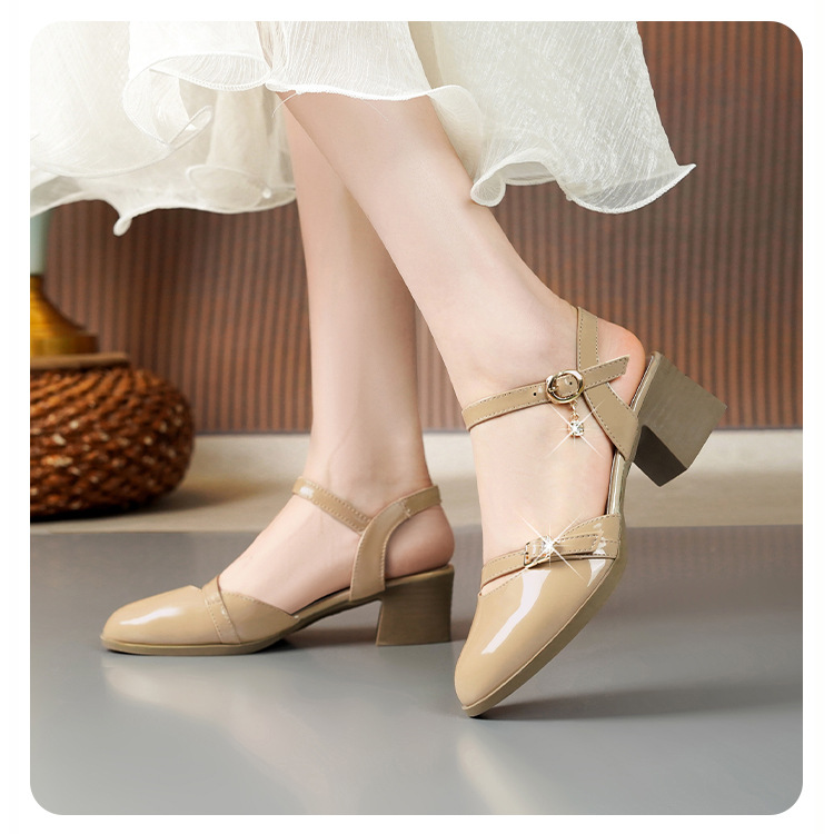 Sandal bít mũi nữ gót thô đi làm đế mềm da thật — Màu đen chi tiết 14