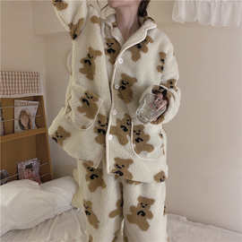 韩国ins冬季重磅减龄小熊开衫温柔软糯双面毛绒睡衣保暖家居套装