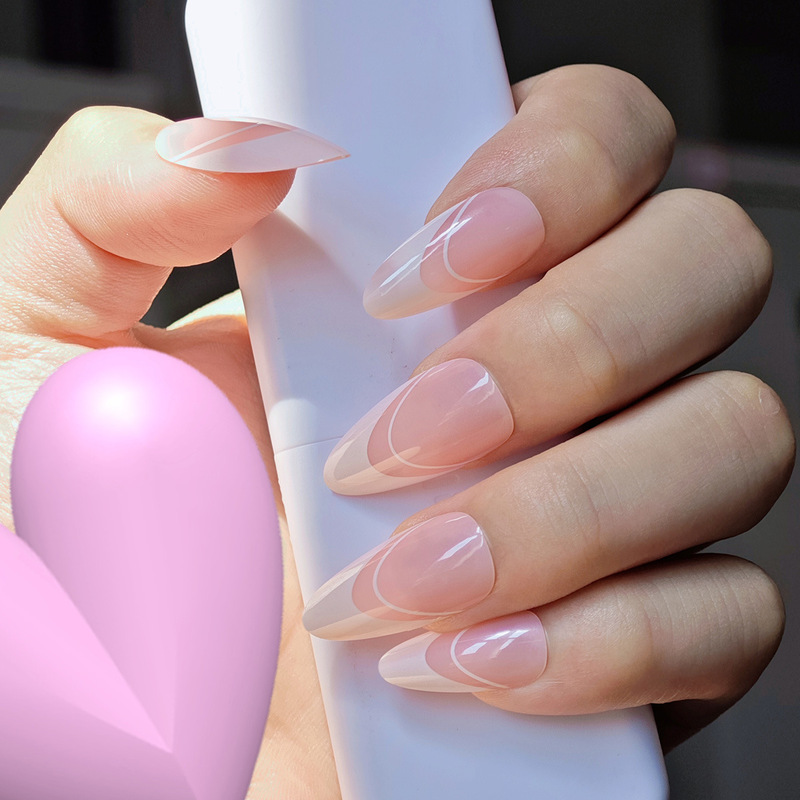 Wear armour fake nails simple white French side pink wear armour almond armour wholesale nail art nail art finished products