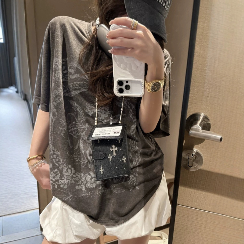 Simple Cupid Print Linen T-Shirt for Women, New Summer Style, Loose Fit, Slimming, Casual, Versatile, Mid-Length, Round Neck Top