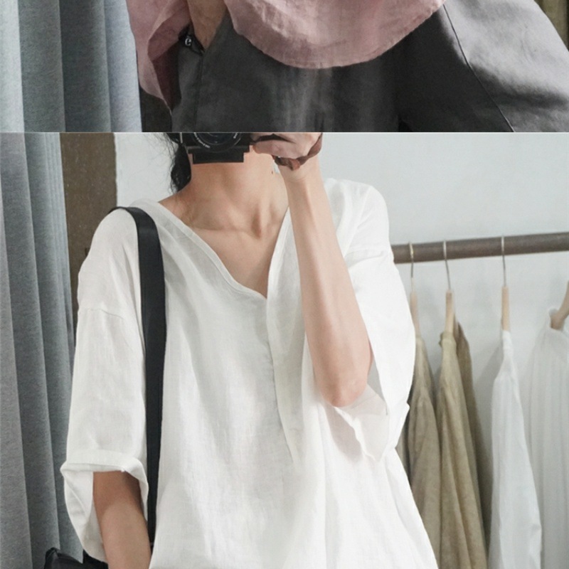 Women's Clothing Summer Style Women's Casual Shirt Short Sleeve Loose Cotton Linen Top Plus Size Pink And Black_ecoleips.com