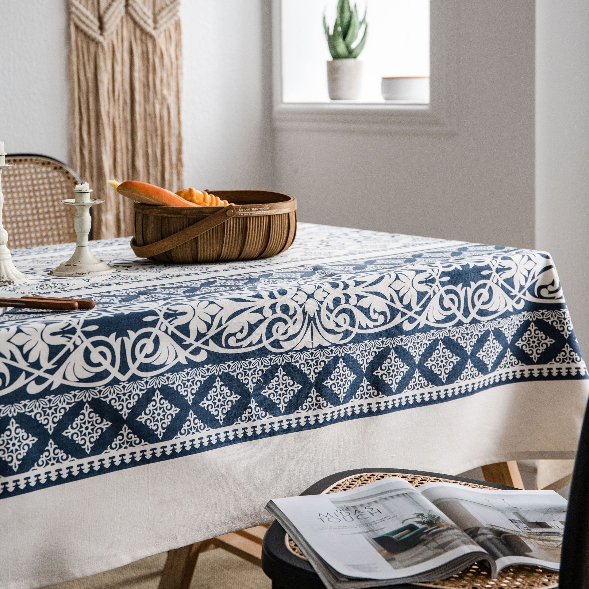 Yimanqiyun tablecloth cotton and linen printed blue and white…