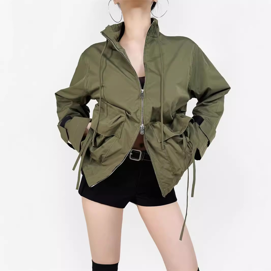 梦子汐 赵露思明星同款军绿色日式工装薄款风衣外套夹克女 X2420