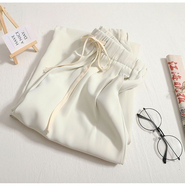 Ins Hong Kong estilo de verano coreano cintura alta cuerda de dibujo colgante sensación casual cintura elástica pantalones de mujer pantalones rectos pantalones de mujer image 9