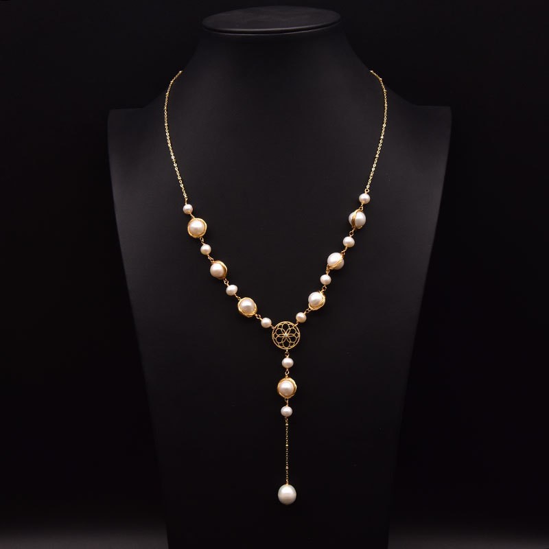 Collar de suéter de perlas naturales de alta calidad elegante todo partido largo collar 18K oro real galvanizado color joyería de retención image 7
