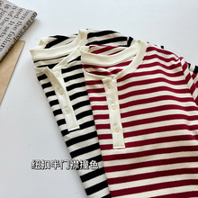 条纹半开襟扣子洋气T恤女夏季经典条纹显瘦短袖tee通勤上衣