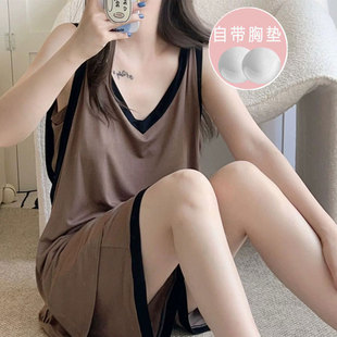Women's Summer New Sleeveless Vest with Chest Pad Solid Color Shorts suit Loose Casual Home Clothes