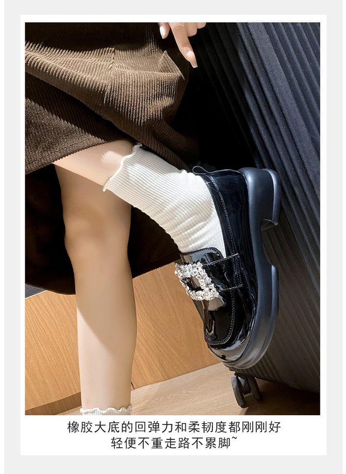 Giày lười nữ đế dày da bóng khóa vuông đính đá, gót thô 3-5 cm — Màu đen chi tiết 13