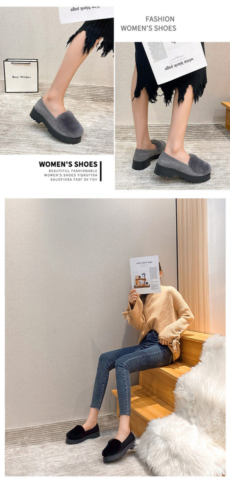 Giày lười nữ đế dày lót lông giữ ấm, giày bông mũi tròn gót 3-5 cm — Màu xám, Màu đen chi tiết 17