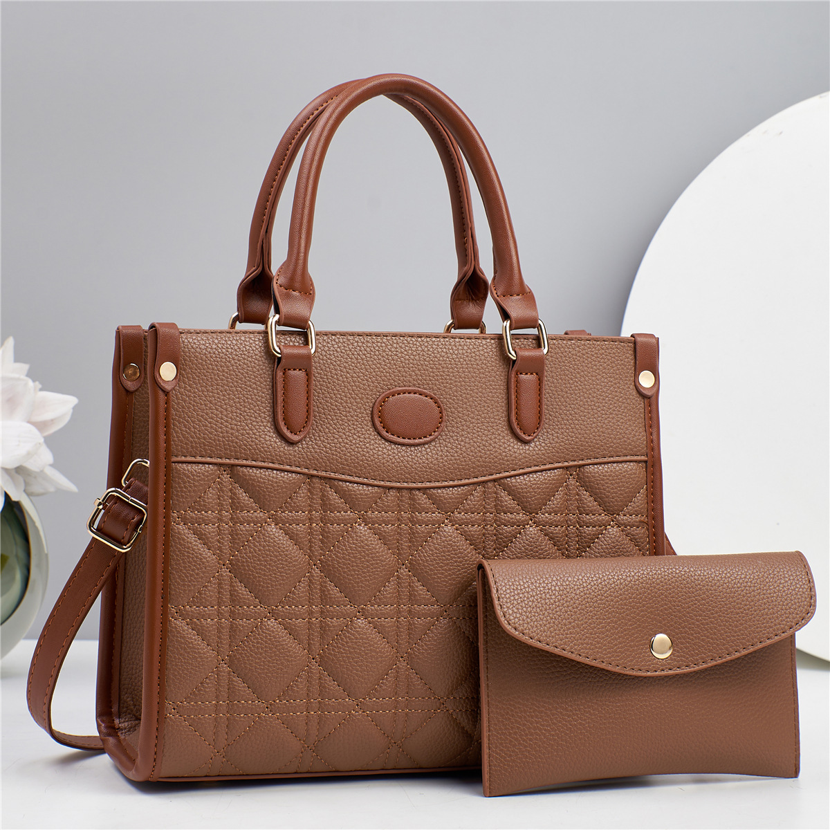 Polyester Lining Material Zipper Closure Type Women's Pu Leather Color Block Classic Style Square Zipper Bag Sets