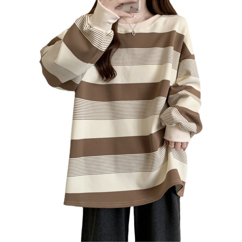Sudadera fina a rayas retro americana para mujer, top holgado para estudiantes que cubre el vientre, aspecto adelgazante de otoño, 2024