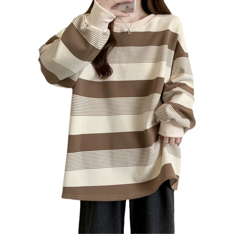 Американский ретро-свитшот в полоску для женщин, новинка осени 2025, облегающий, больших размеров, скрывающий живот, свободный студенческий топ