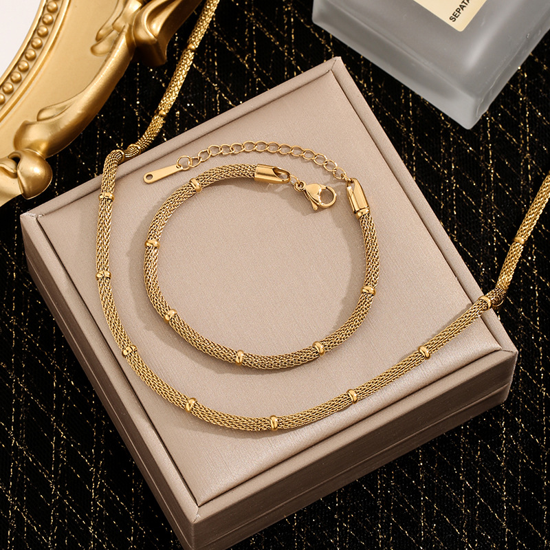 European and American fashion niche simple bamboo necklace bracelet metal mesh round chain vintage jewelry set wholesale