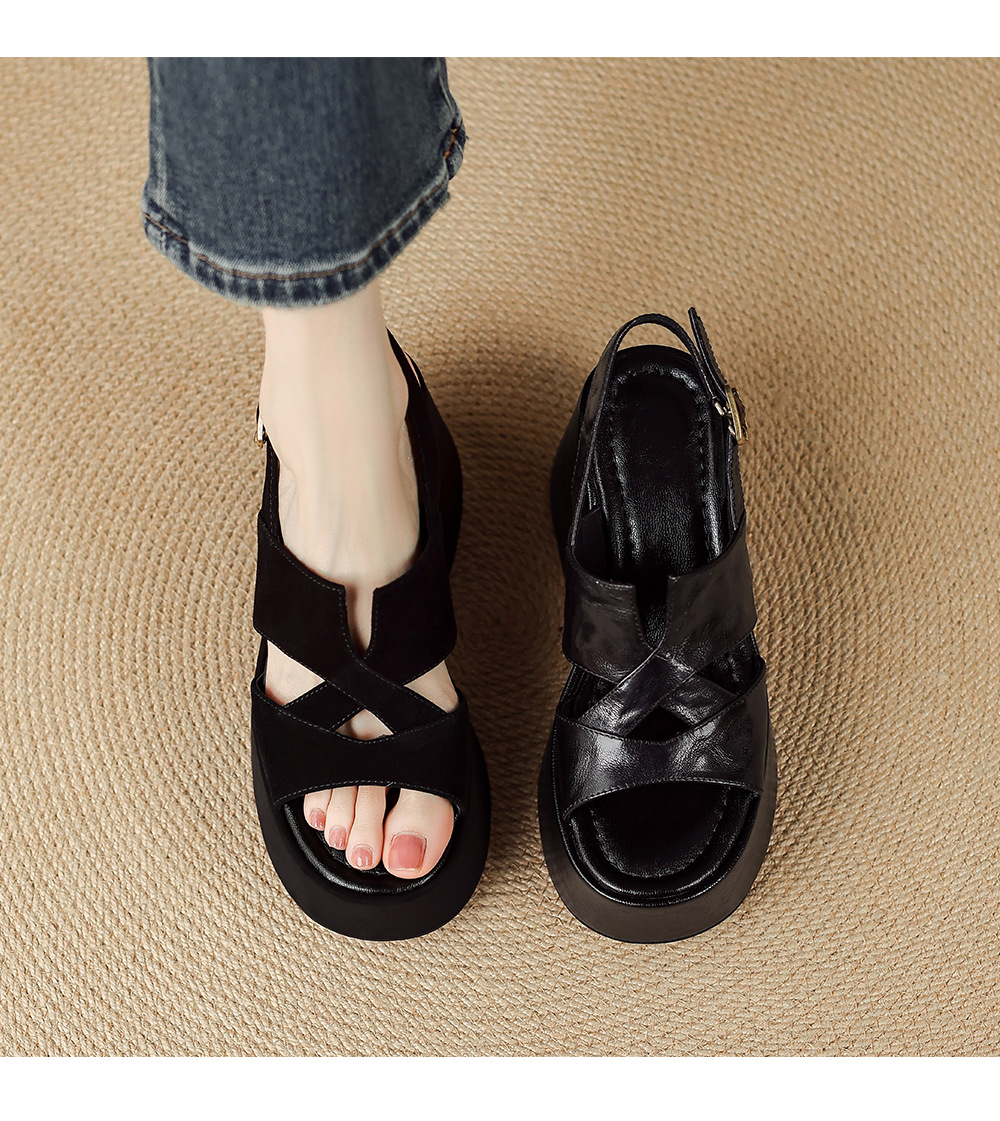 Sandal cao gót nữ đế platform da lộn quai ngang gót 9 cm — Da cừu đen lật, Da cừu đen chi tiết 12