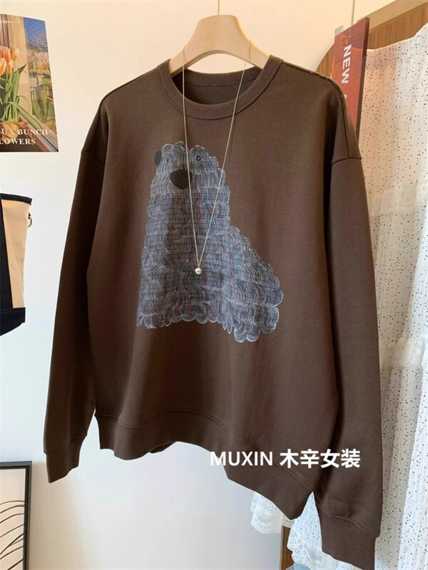 美式复古长毛狗狗印花宽松毛线圈秋季时尚大版圆领休闲卫衣女上衣|undefined