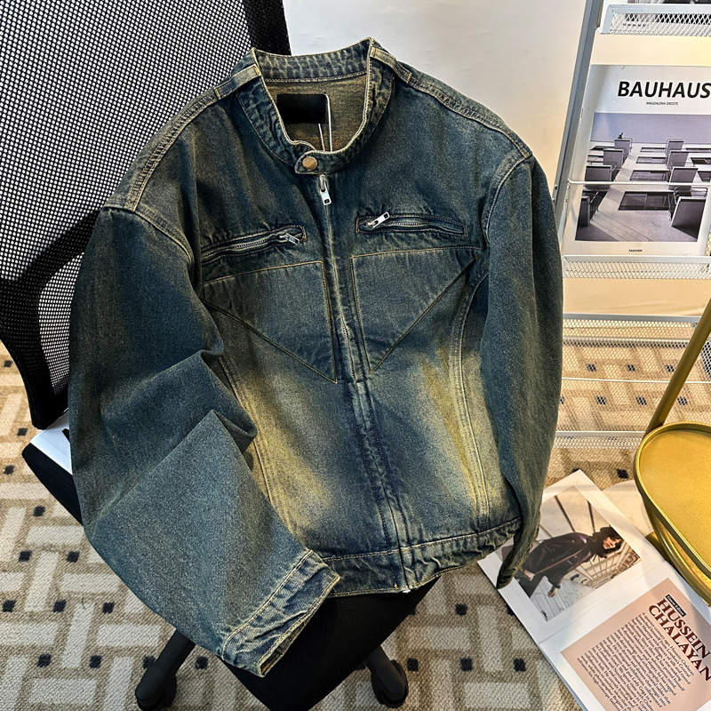American High Street Niche Deconstructed Design Shoulder Pad Denim Jacket Men's Distressed Retro Washed Short Jacket High-End