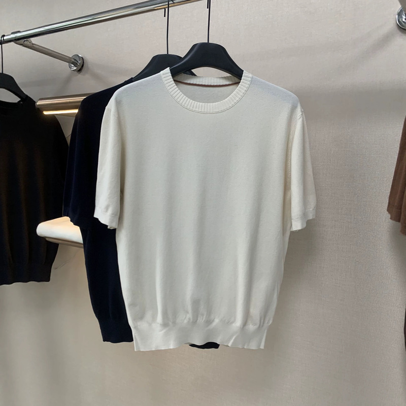 Lp Version Consinee Yarn 70% Long-Staple Cotton 30% Mulberry Silk Old Money Style Knitted Crew Neck Pullover T-Shirt High-End Product Lp Version Consinee Yarn 70% Long-Staple Cotton 30% Mulberry Silk Old Money Style Knitted Crew Neck Pullover T-Shirt High-End Product