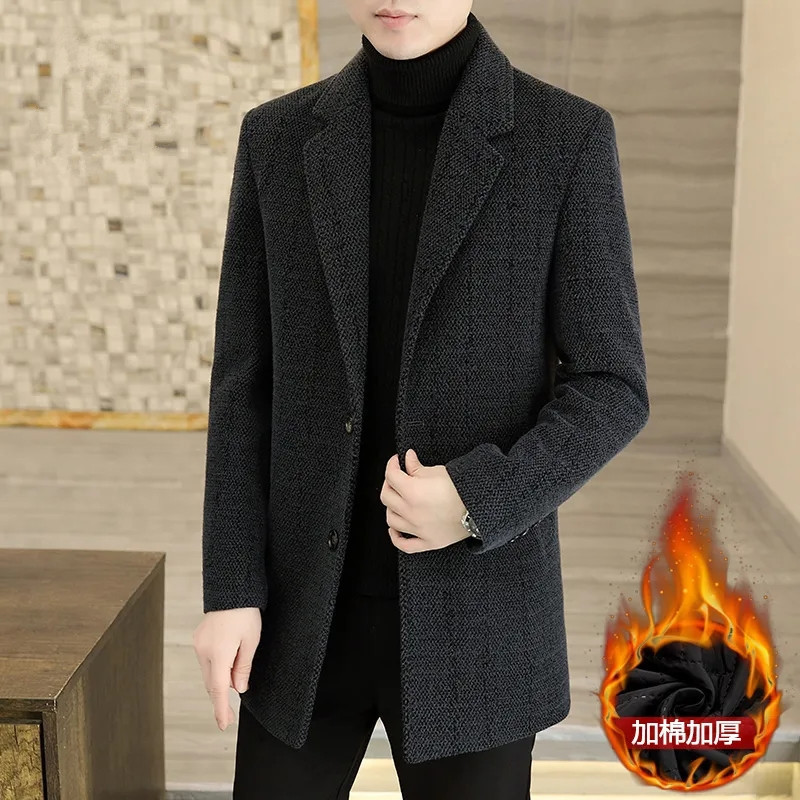 Autumn and Winter Middle-Aged Men's Woolen Coat Suit Collar Business Casual Thickeneded Mid-Length Daddy Outfit