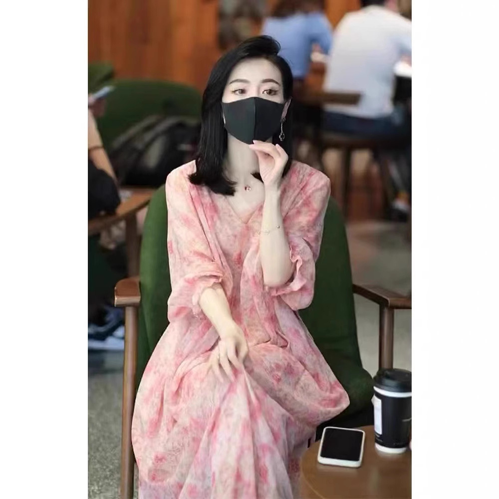 Đầm maxi hoa nhí chiffon dáng thắt eo kiểu Pháp — Màu hồng