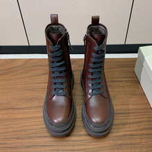 25秋冬新款时尚复古串珠系带侧拉链粗跟短靴英伦风厚底增高马丁靴