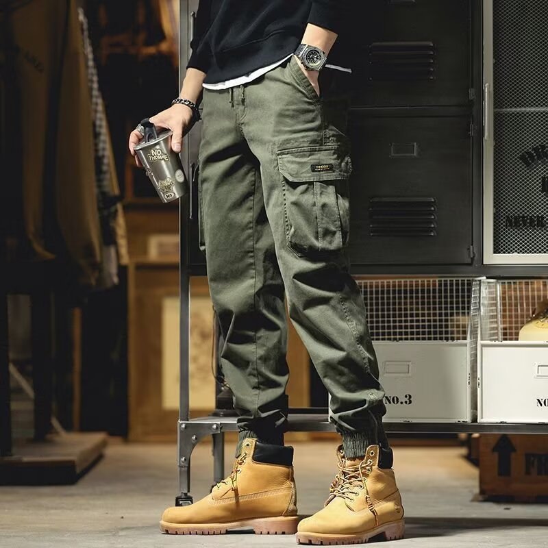 American-Style Biker Cargo Pants for Men, Spring and Autumn Trendy Slim Fit Jogger Pants, Men's Retro Multi-Pocket Casual Pants