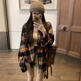 复古格子polo领衬衫外套女春秋季韩版宽松衬衣别致上衣