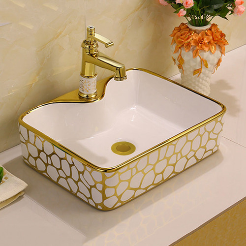 European-style electroplated ceramic face basin bathroom sink gold-plated basin with floral design luxury gold-colored pedestal sink