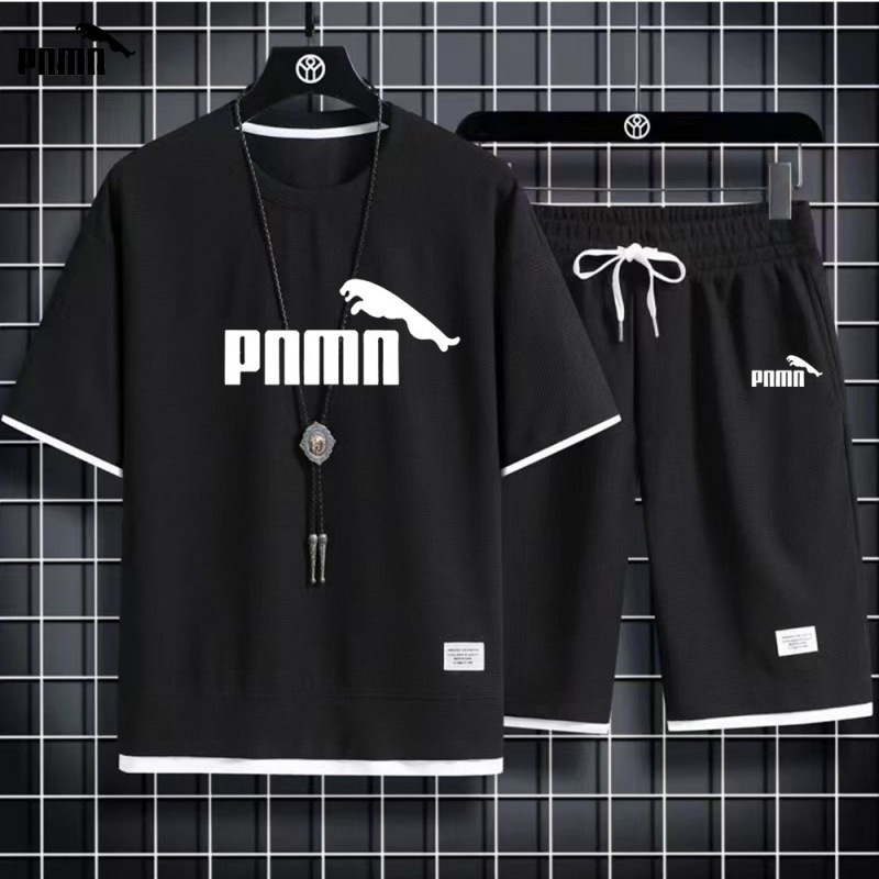 New Waffle Summer Men's Casual Sports Suit Men's Loose and Handsome Men's Short-Sleeved T-Shirt Shorts Men's Clothing