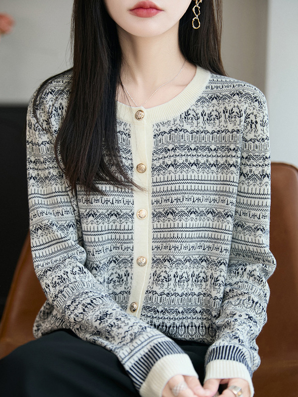 早秋时尚提花毛衣针织开衫外套女2025新款春秋外搭洋气女装上衣|undefined