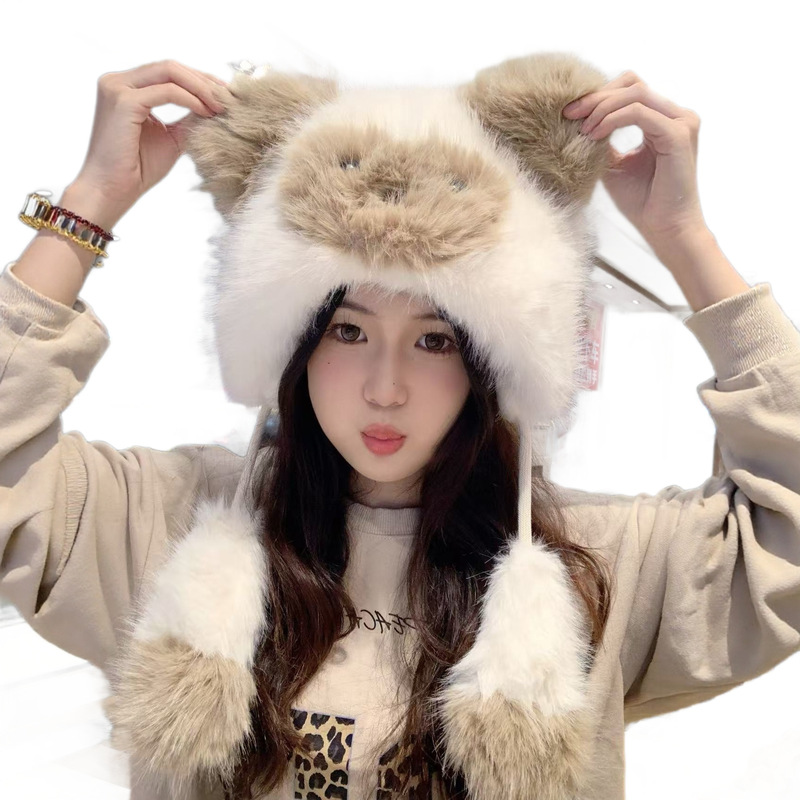 甜美可爱小猫毛绒帽子女款秋冬季防寒雷锋帽百搭保暖暹罗猫毛绒帽|undefined