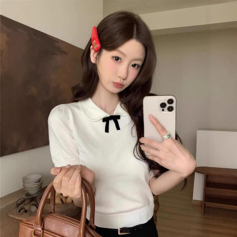 Sweet Doll Collar, Age-Reducing Bow Design, Knitted Short-Sleeved T-Shirt for Women, Summer Style, Good-Looking Short Top