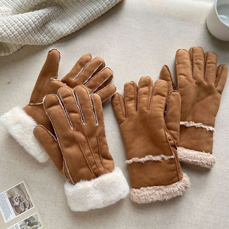 Super Warm Chestnut Color Autumn and Winter Finger Gloves Outdoor Lamb Wool Suede Thickened All-match Cold-proof Cute Korean Gloves