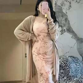 温与柔【烟雨入江南】新中式连衣裙夏季微胖显瘦碎花长款吊带裙