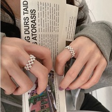 韩国S925银饰编织串珠珠网戒指小众设计网红指环食指戒个性时尚