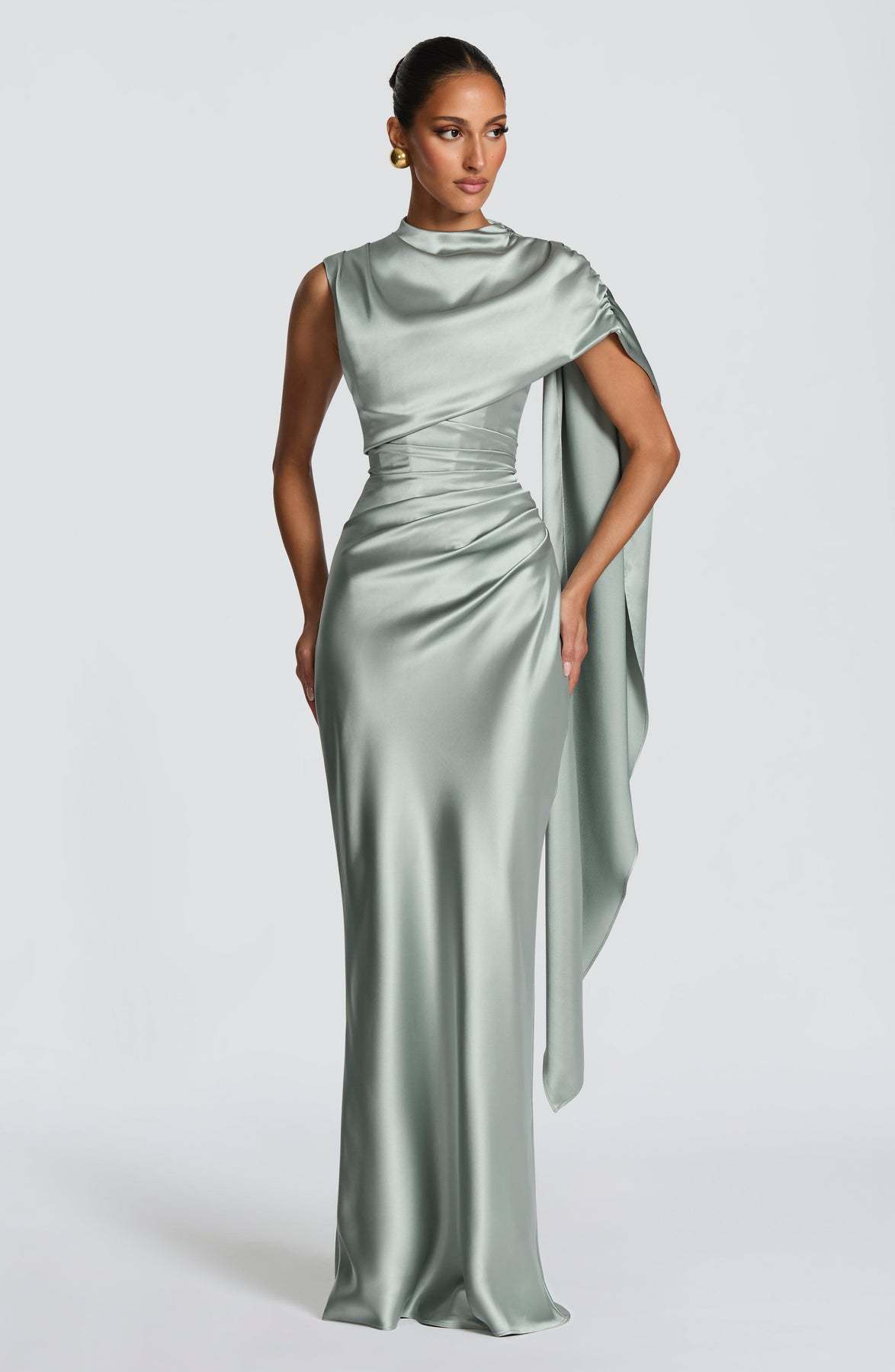 Women's Satin Turtleneck Dress With Ribbon Decoration For Evening_voghion.com