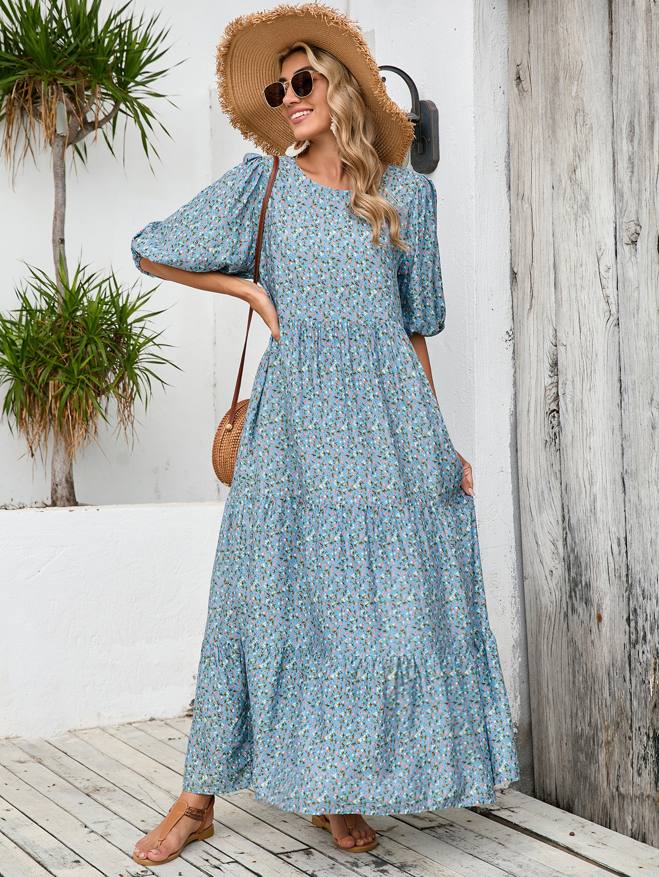 European And American Cross-border Foreign Trade Middle Eastern Robe, Loose-fitting Round-neck Mid-sleeve Dress,_ecoleips.com
