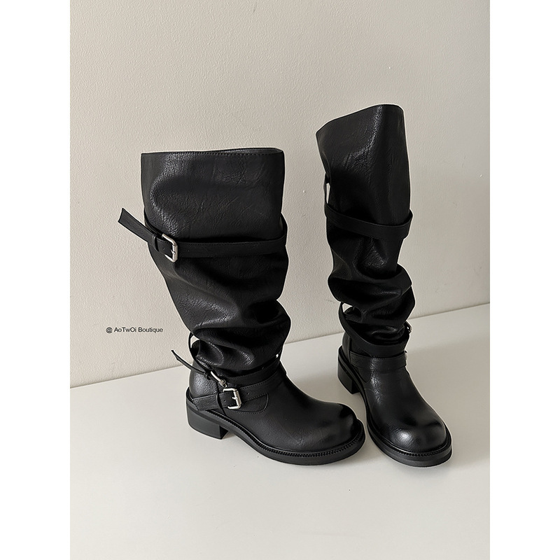 Cowhide Version ~ Belt Buckle Pile Boots over the Knee Thick Heel Retro Distressed Boots Korean Style Boots Niche Work Boots for Women