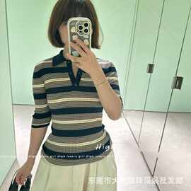 专供南油档口批发P家新款条纹针织百搭翻领短袖针织衫毛衣女装潮